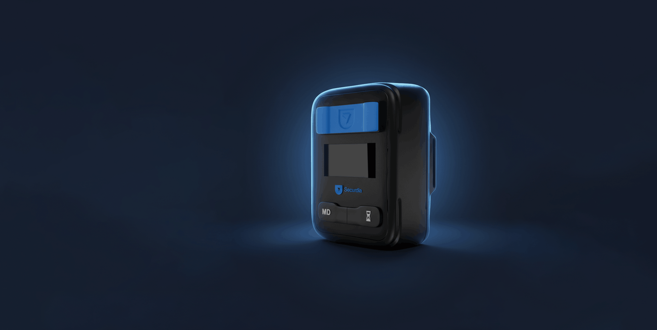 Een zwart en blauw elektronisch apparaat met display, geplaatst tegen een donkere achtergrond.
