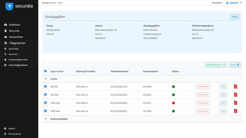 Securdia-dashboard toont klantgegevens en een tabel met alarmsystemen en hun statusindicatoren.