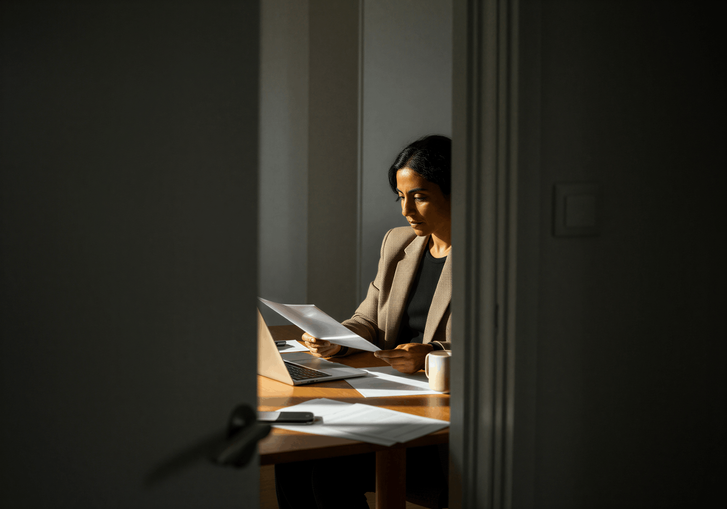 Vrouw zit aan een bureau en bekijkt papieren, met een laptop en een koffiekopje voor zich, gezien door een deur.
