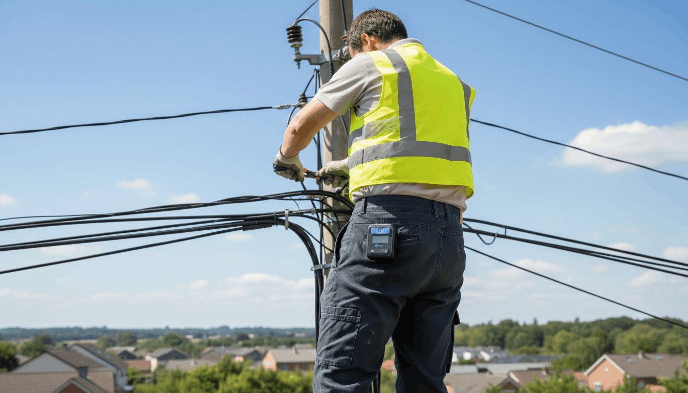 Een elektricien in een fluohesje werkt aan een elektriciteitspaal met meerdere kabels, woonwijk op de achtergrond.