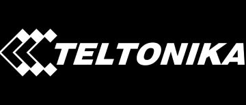 Wit Teltonika-logo op zwarte achtergrond.