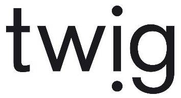 Zwarte tekst die "twig" spelt met ongewoon ontworpen stippen boven en onder de letter "i".