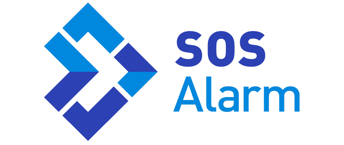 SOS Alarm-logo met een blauwe grafische afbeelding en de tekst "SOS Alarm" in blauwe tinten.
