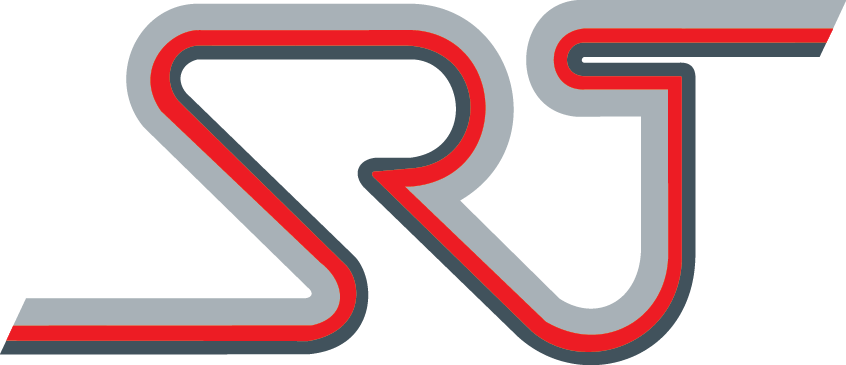 SRJ-logo met grijze, rode en zwarte contour op transparante achtergrond.