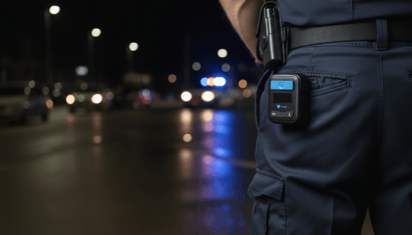 Een politieman staat 's nachts bij een weg met een bodycamera en auto's zijn vaag zichtbaar op de achtergrond.