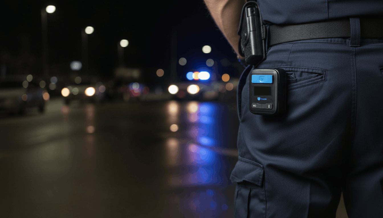 Een politieman staat 's nachts bij een weg met een bodycamera en auto's zijn vaag zichtbaar op de achtergrond.