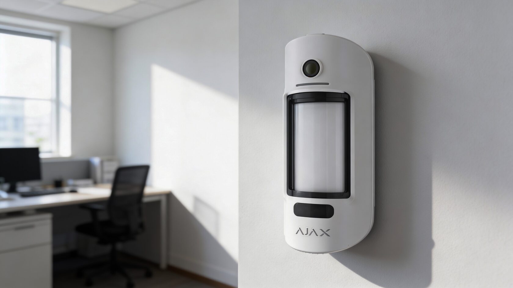 Close-up van een aan de muur gemonteerde bewegingssensor met camera in een modern kantoor, gemarkeerd met "AJAX".