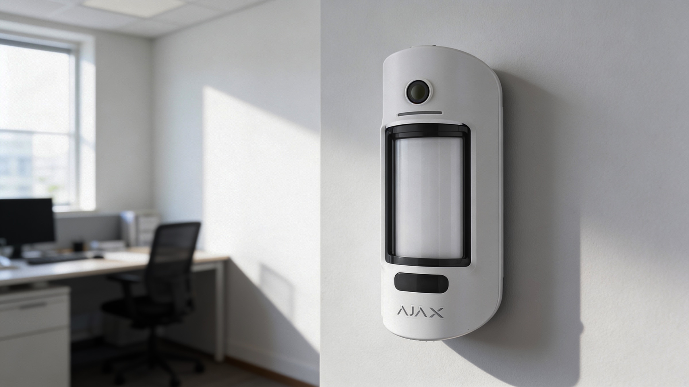 Close-up van een aan de muur gemonteerde bewegingssensor met camera in een modern kantoor, gemarkeerd met "AJAX".