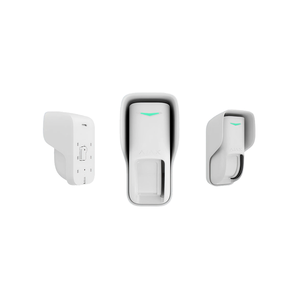 Drie witte bewegingsdetectoren met modern design, van voren en van de zijkanten getoond, tegen een zwarte achtergrond.
