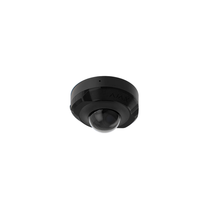 Zwart, aan het plafond gemonteerde beveiligingscamera met een koepelvormige lens, gemarkeerd met "AJAX".