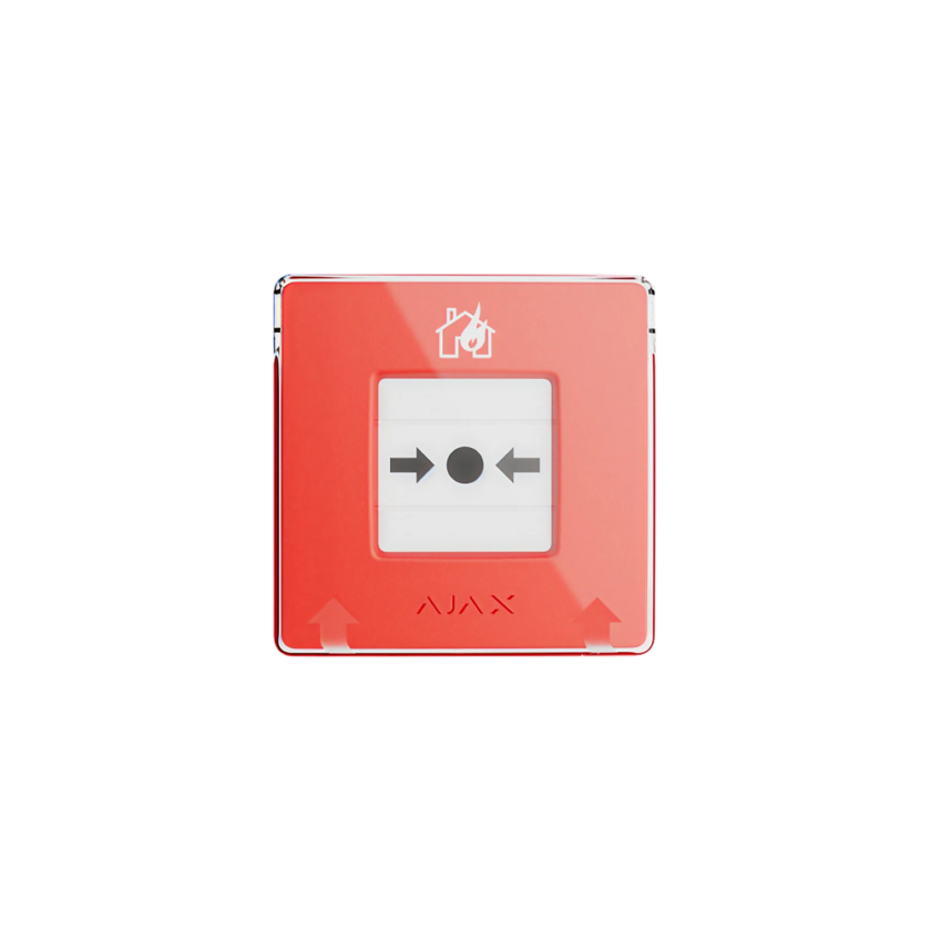 Rode brandalarmknop met pijl- en cirkelsymbool en een pictogram van een huis met vuur bovenaan.