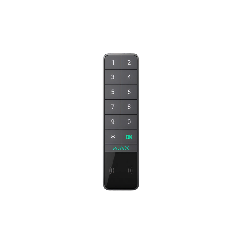 Zwart numeriek codepaneel met knoppen voor cijfers, ster, OK en de tekst "AJAX" onder de knoppen.