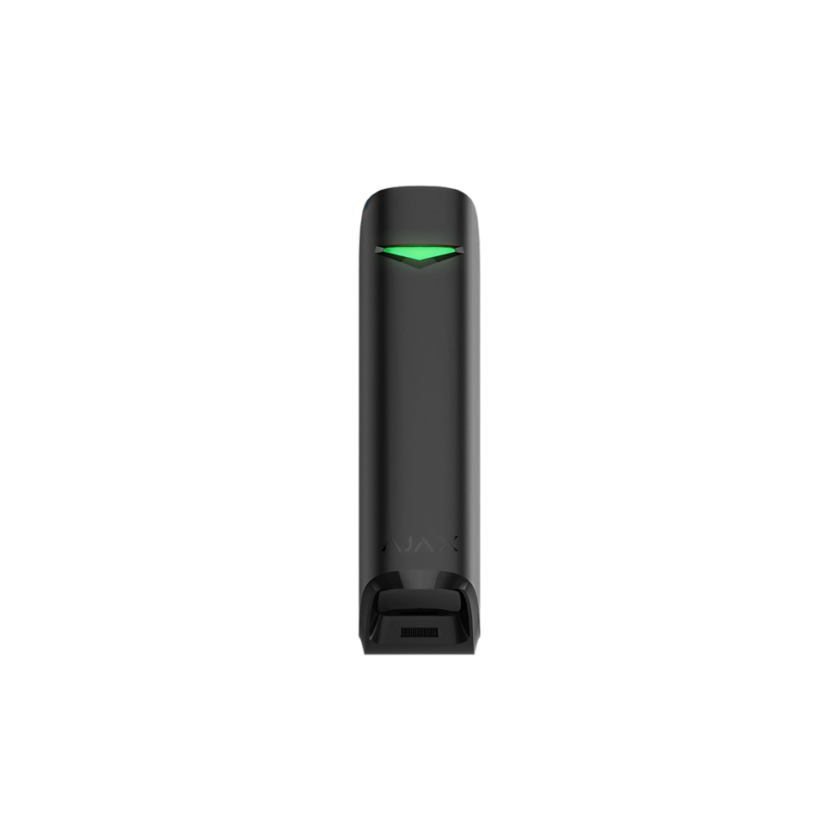 Zwarte bewegingsdetector met groene LED-lamp bovenaan, product van Ajax.