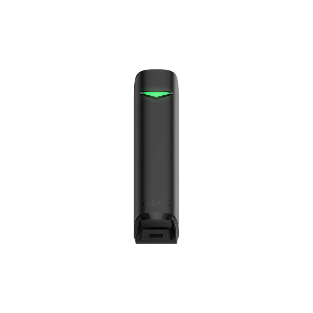 Zwarte bewegingsdetector met groene LED-lamp bovenaan, product van Ajax.