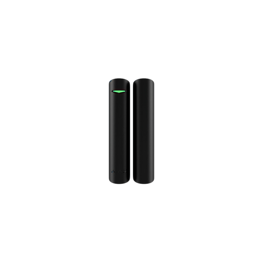 Twee zwarte magneetcontacten, één met een klein groen lampje bovenaan.