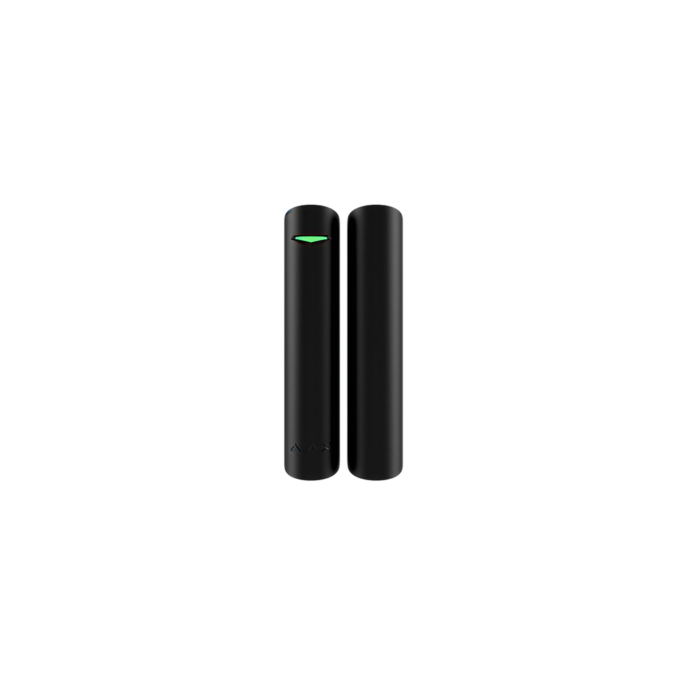 Twee zwarte magneetcontacten, één met een klein groen lampje bovenaan.