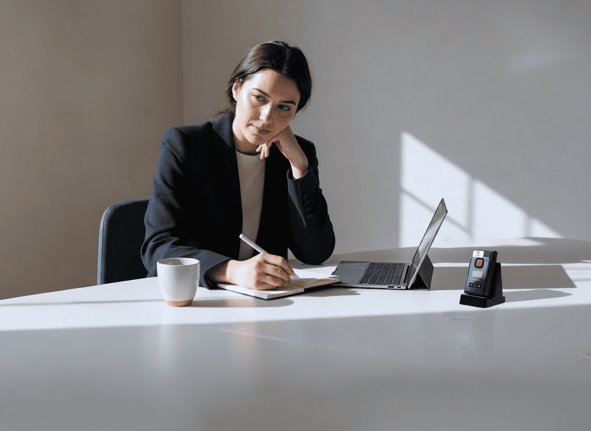 Vrouw in pak zit aan bureau, noteert met pen, laptop en koffiekop op tafel.