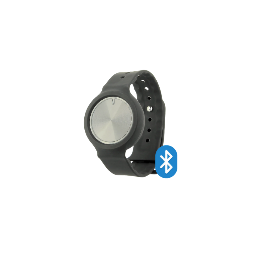 Zwart activiteitsarmband met ronde display en Bluetooth-symbool aan de rechterkant.