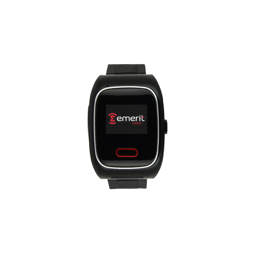 Zwart smartwatch met de tekst "emerit watch" op het display en een rode knop onder het scherm.
