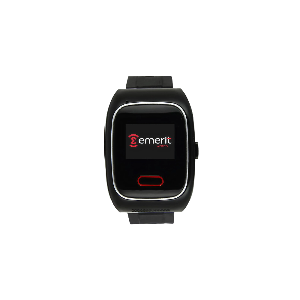 Zwart smartwatch met de tekst "emerit watch" op het display en een rode knop onder het scherm.
