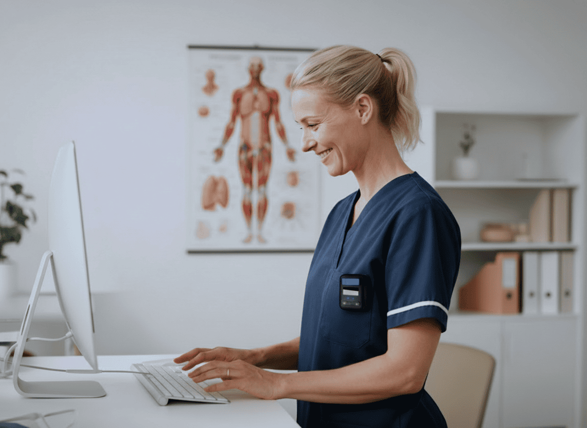 Verpleegkundige in blauw uniform werkt aan een computer in een lichte kamer, een anatomiepostertje is zichtbaar op de achtergrond.