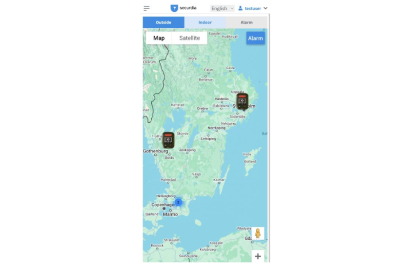 Kaart van Zuid-Zweden op een mobiel scherm met plaatsen gemarkeerd bij Göteborg, Stockholm en Kopenhagen.
