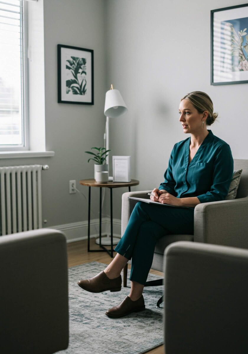 Vrouw in een turkooise outfit zit in een fauteuil, houdt een pen en een notitieblok vast in een lichte gesprekssfeer.