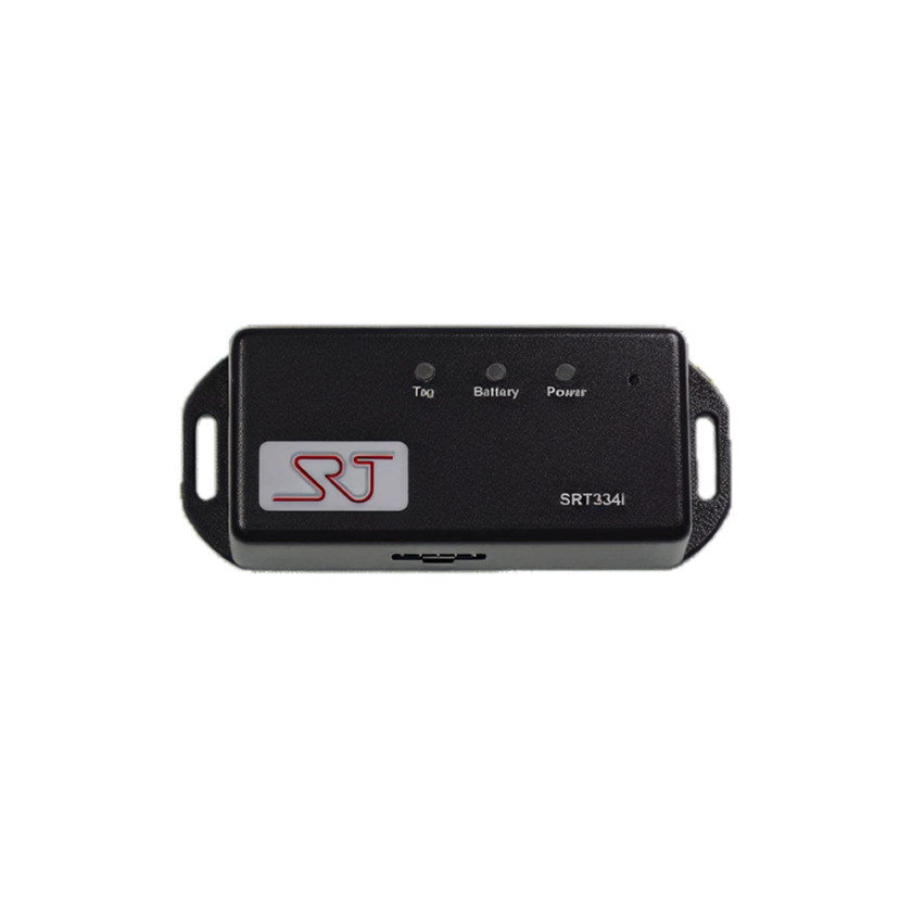 Zwart elektronisch apparaat met de tekst SRJ en drie indicatielampjes gemarkeerd als Tag, Battery en Power.