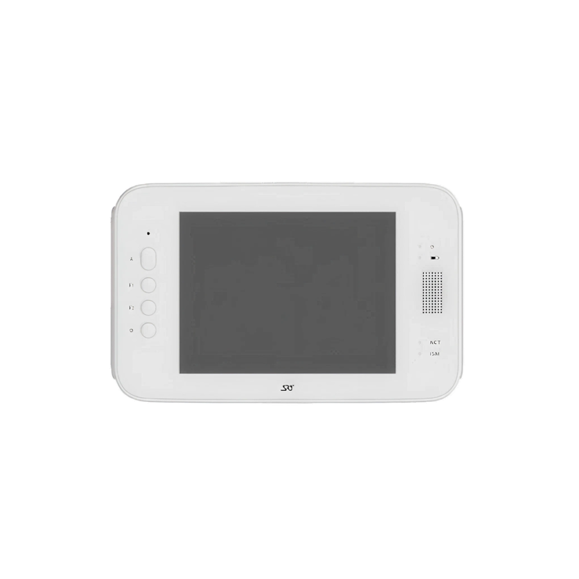 Witte elektronische display met knoppen aan de linkerkant en luidspreker aan de rechterkant, rechthoekige vorm.