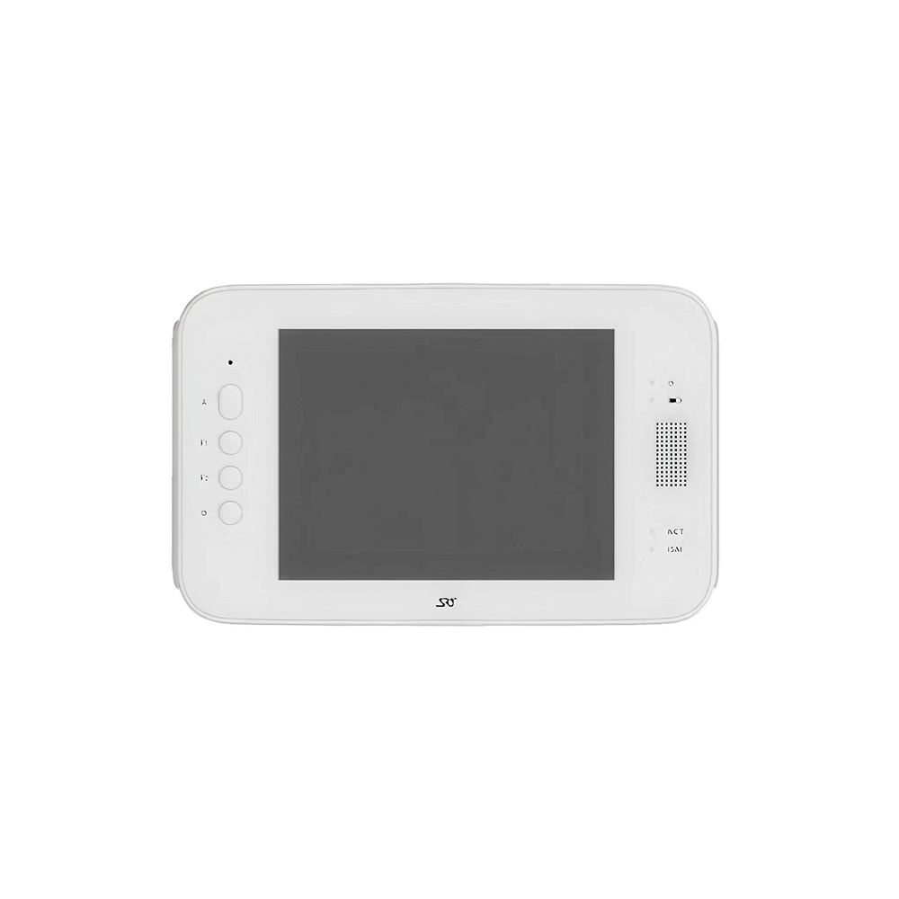 Witte elektronische display met knoppen aan de linkerkant en luidspreker aan de rechterkant, rechthoekige vorm.